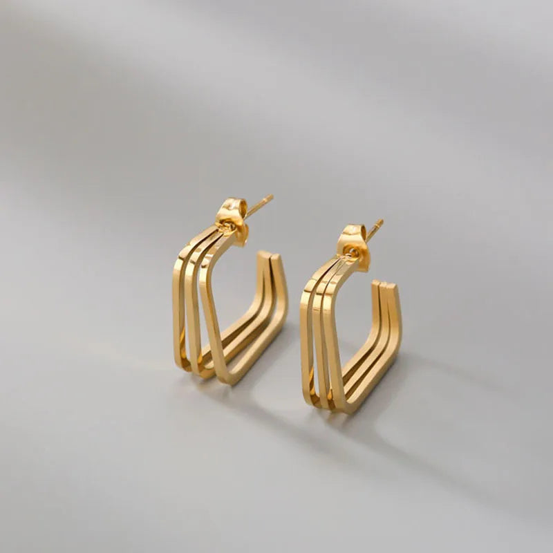 Waterproof Tarnish Free Designer Inspired Stainless Steel 18k Gold Plated square Charm Earring 3 Wires Open Design