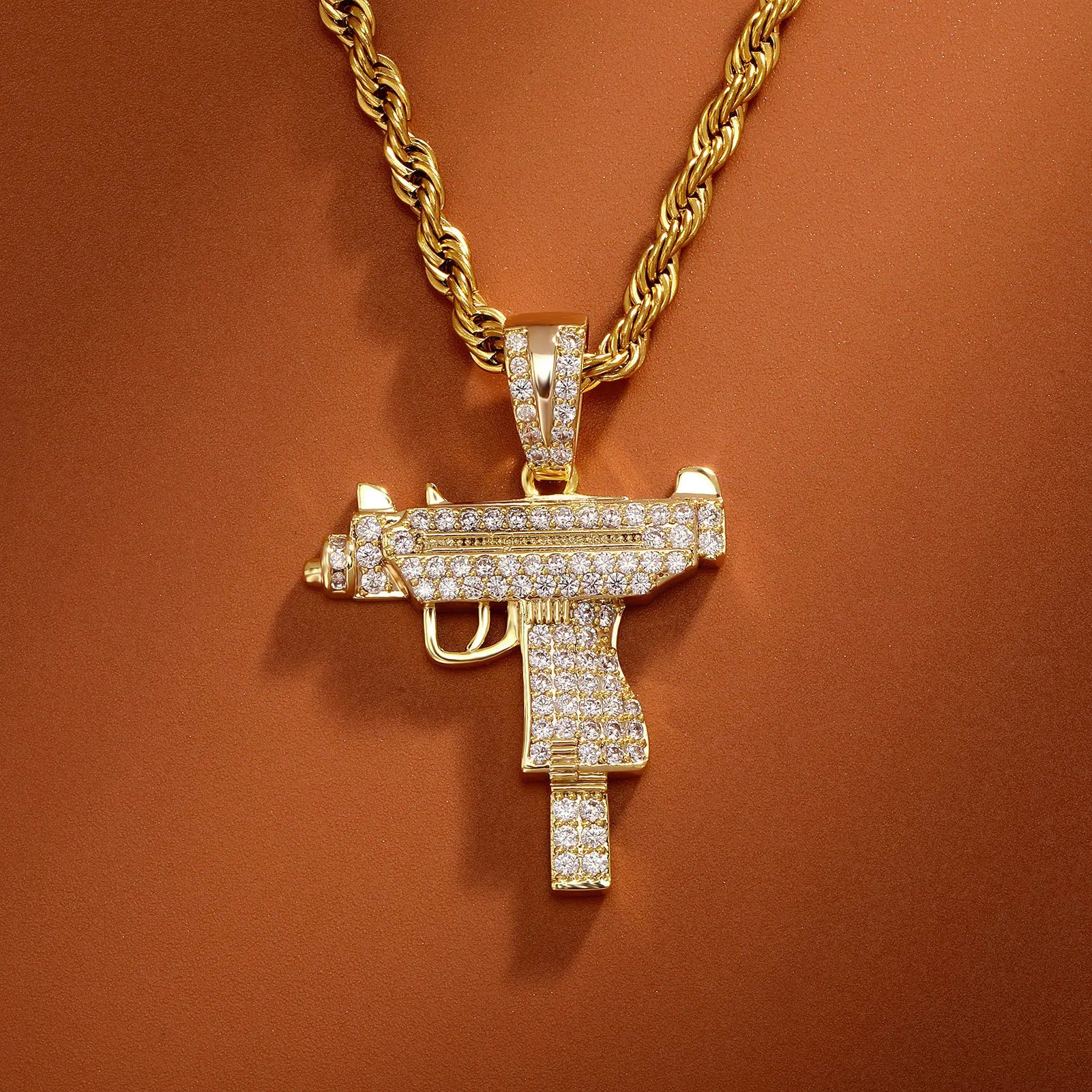High Quality UZI Gun Pendant Necklaces Hip Hop Prong Setting Full CZ Diamond Gold Plated Pendant for Men