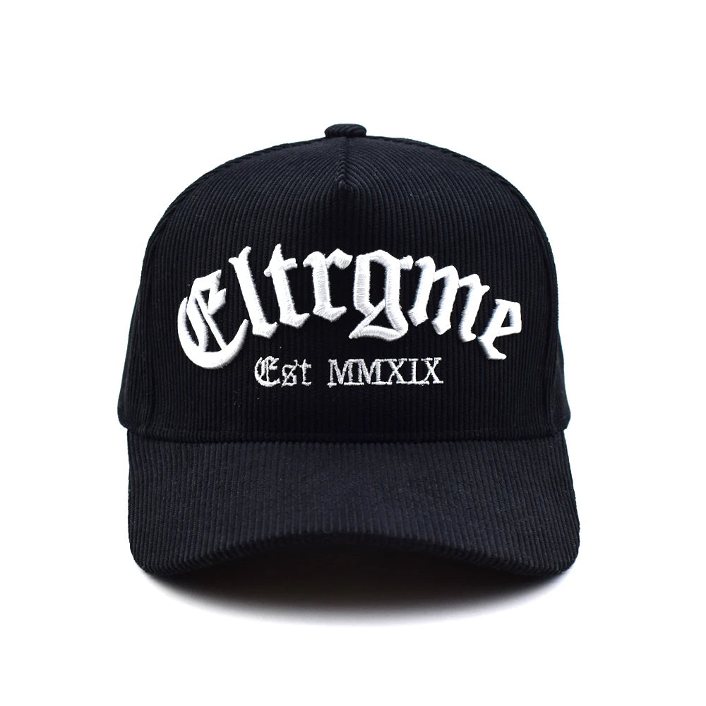 5 Panel High Profile Black Corduroy Baseball Cap Structured Rope 3D Embroidery Logo Hand Embroidered Fruit Poplin Wholesale Cap