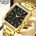 LIGE LG89121 Wholesale Price Gold Square Watch for Men Quartz Classics Stainless Steel Waterproof Vintage Date Wristwatch +  Box