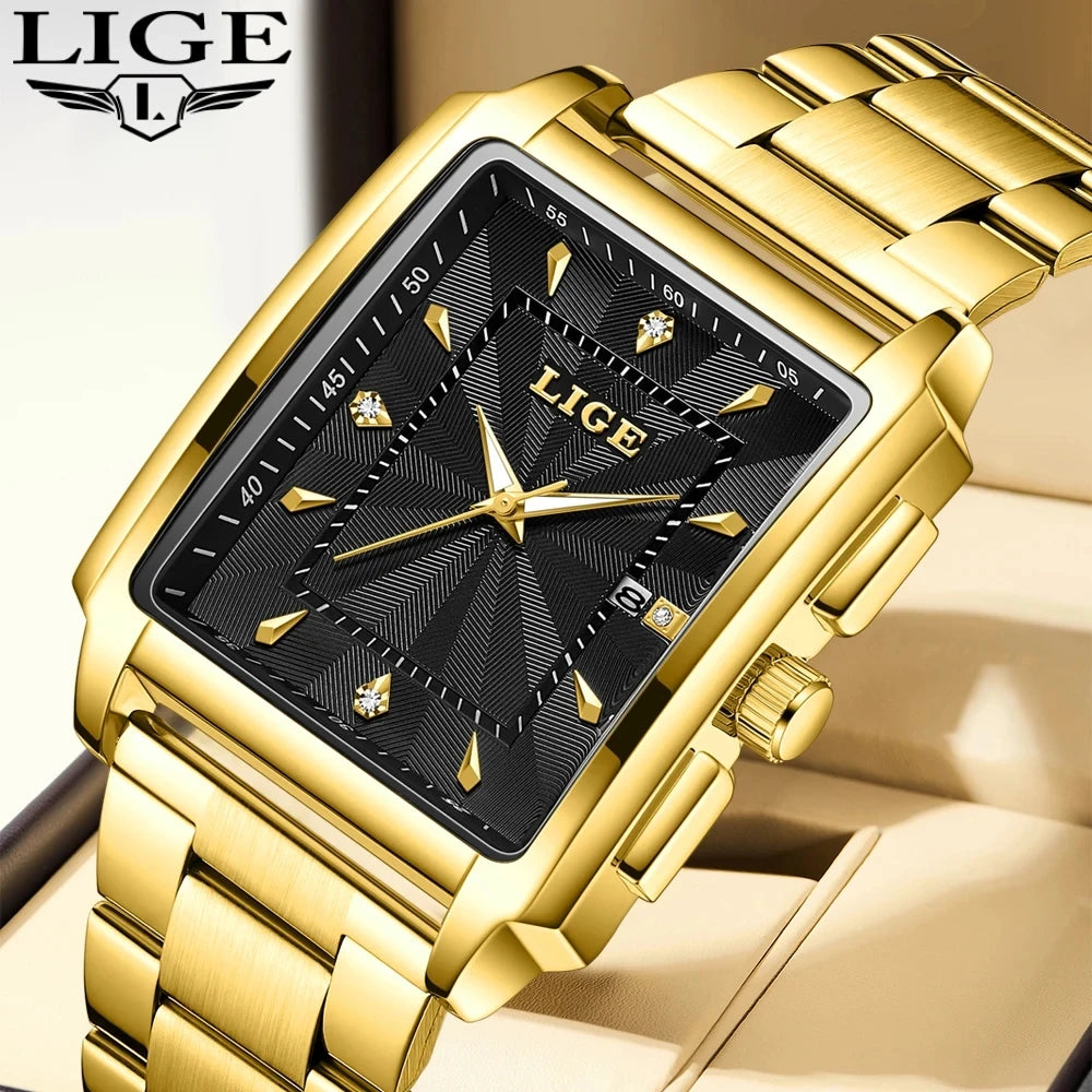 LIGE LG89121 Wholesale Price Gold Square Watch for Men Quartz Classics Stainless Steel Waterproof Vintage Date Wristwatch +  Box