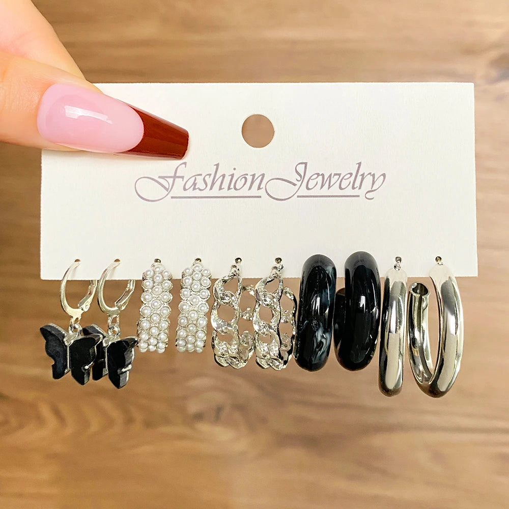 VKME Black Color Butterfly Pearl Chain Resin Crystal Gold Earrings Set Oversize Metal Circle Butterfly Heart Flower Punk Earring