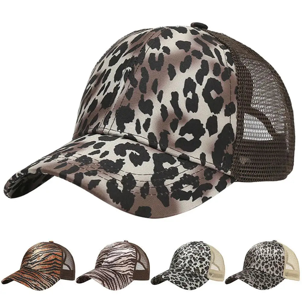 M0430 Women Summer Leopard Print Anti UV Ponytail Hat Outdoor Sports Baseball Cap Cotton Ponytail Camouflage Trucker Mesh Hat