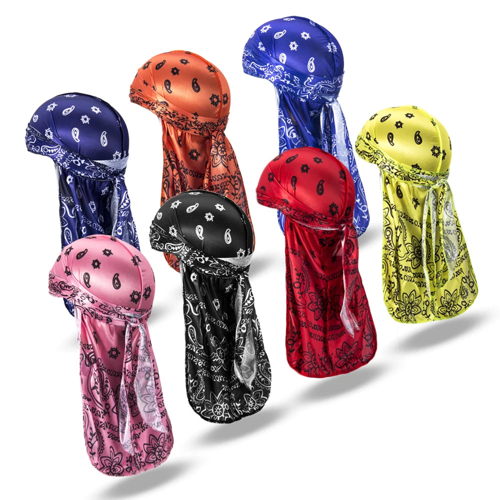 7 Colors Vendor Custom Men Silk Designer Durag Long Straps Bandanas for Men Headwear Waves Cap