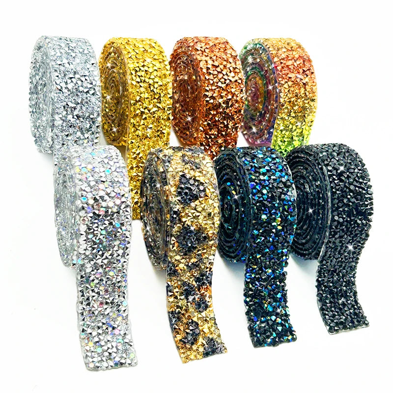 Colorful Self-Adhesive Resin Rhinestone Trim Glitter Crystal Strass Tape Chain Ribbon Sticker Belt Wedding Dress Garment Crafts