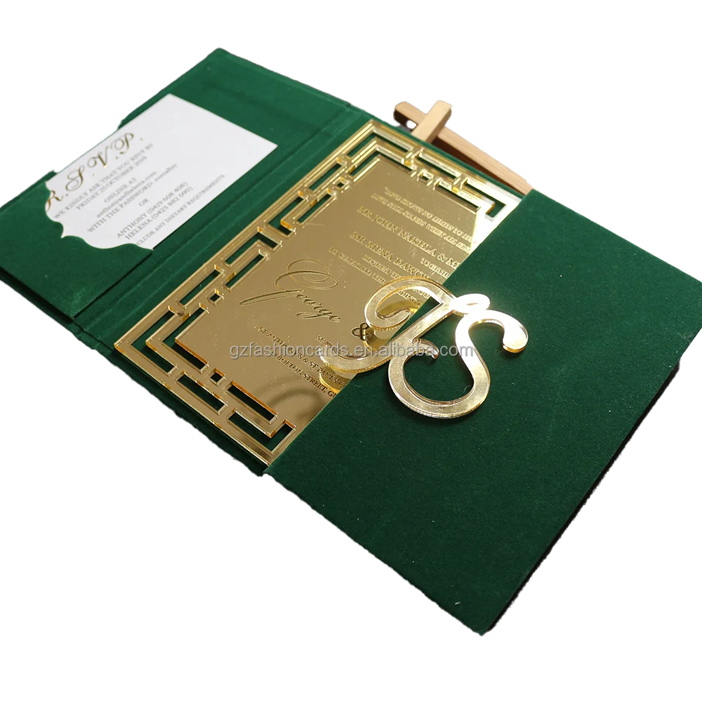 Hot Selling Elegant Green Velvet Hardcover Wedding Invitations Laser Cut Mirror Name Tag Acrylic Card Engraved Text Custom Logo