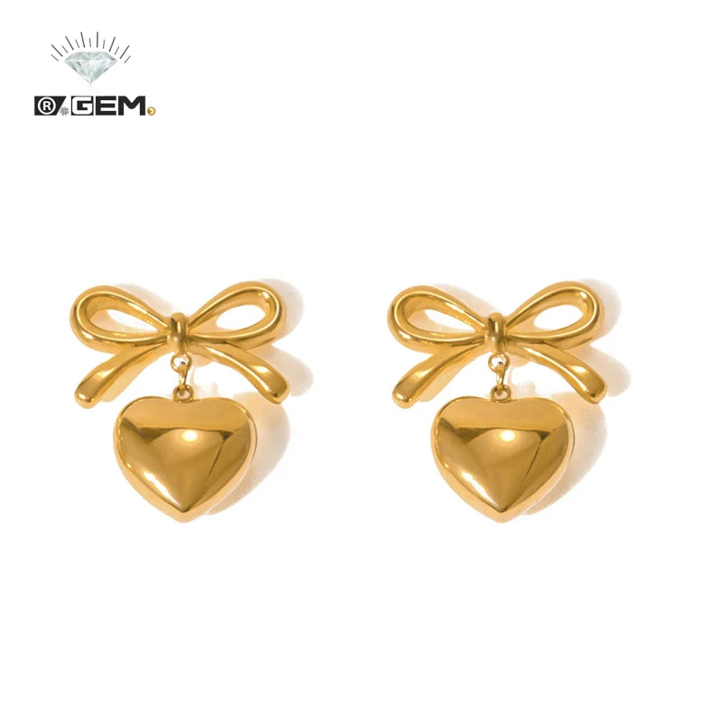 Bow Heart Pendant Earrings Two Tone Trendy Gold Plated Stainless Steel for Women Anniversary Occasion R.GEM. Jewelry