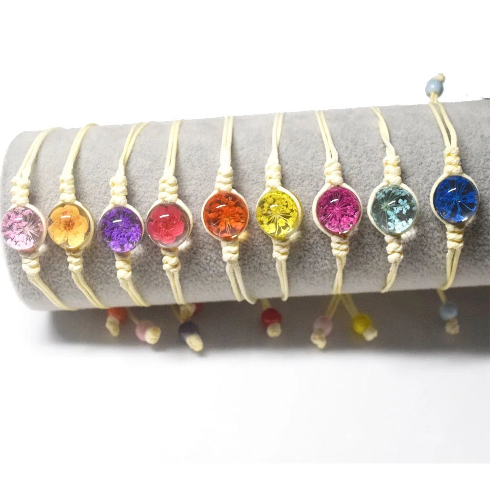 Handmade Wax Cord String Rope Braided Woven Glass Ball Bead Dried Flower Bracelet Jewelry