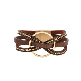 Boho Trendy Symmetrical Leather Bracelets Casual Geometric Circle Magnetic Clasp Leather Wrap Bracelet for Women Friendship Gift