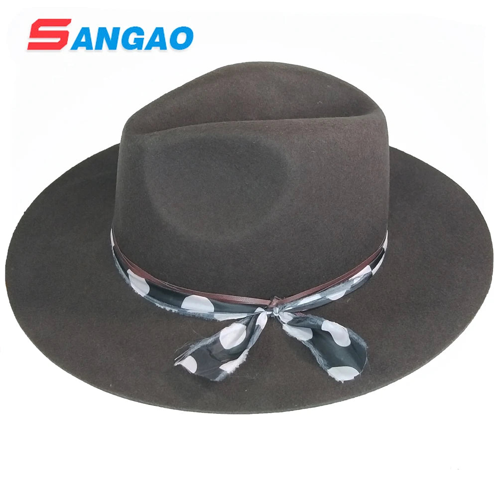Wholesale Large Brown Cowboy Hard Hat Fedora Wool Felt Unisex Adjustable Four Seasons Casual Logo Option