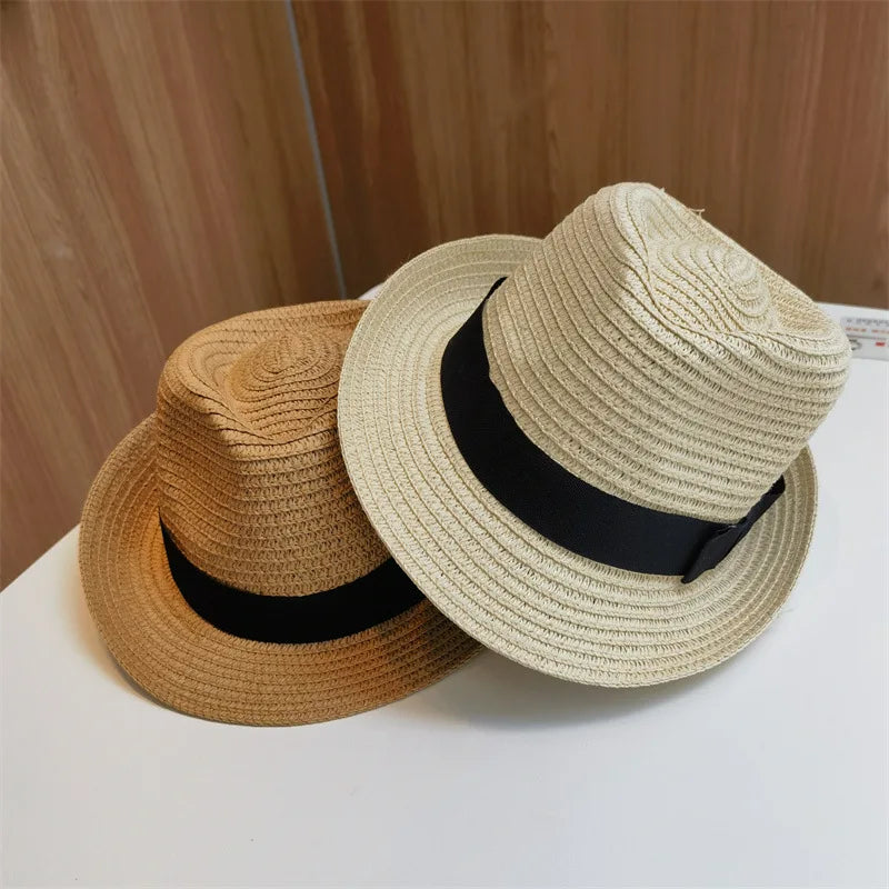 MIO Vintage Straw Hat Kids Adult 2 Size Parent-child Jazz Hat Party Beach Sun Shadeing Bowknot Belt Simple Unisex Cap