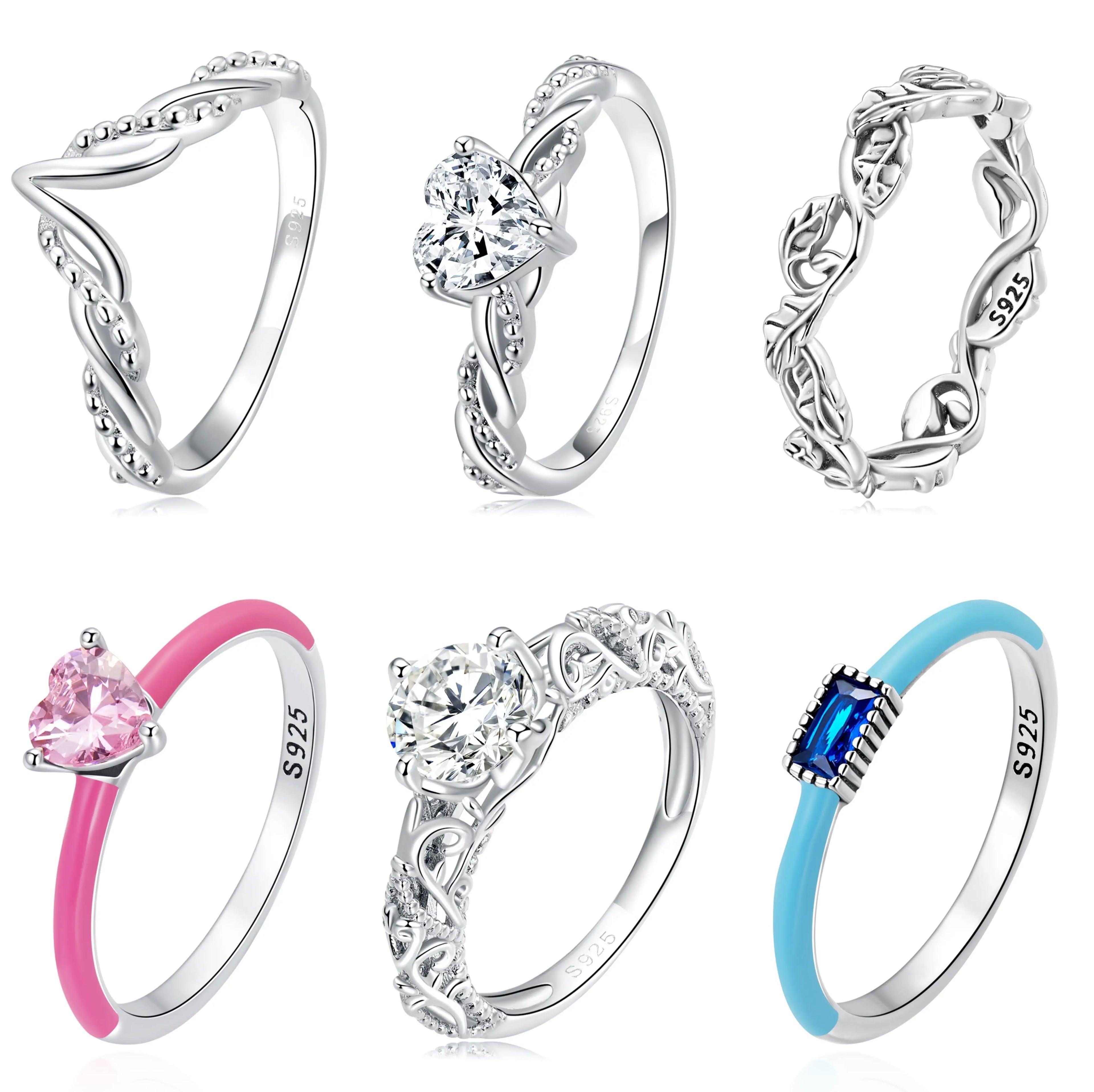 Vintage Heart CZ Ring with Leaf Vein & Blue Zircon New Trendy 925 Sterling Silver Jewelry for Women for Weddings or Parties