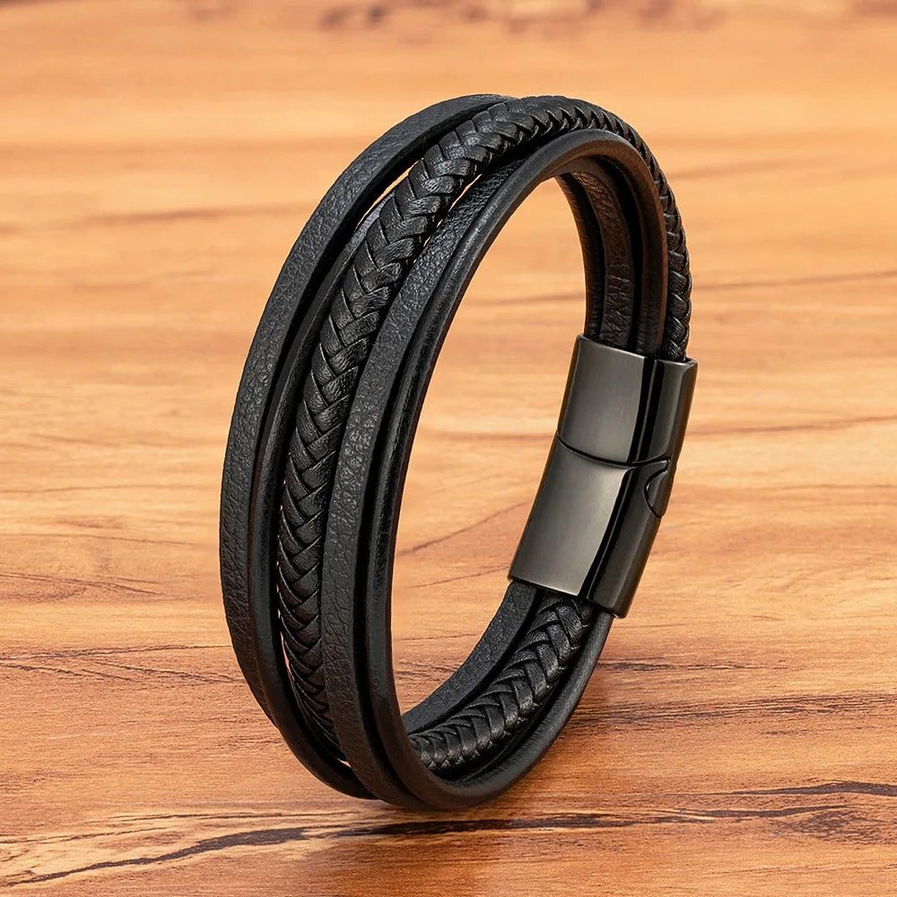19cm 21cm 23cm Handmade MultiLayer Braided Genuine Leather Rope Bracelet Magnetic Buckle Cuff Bangle Jewelry for Men