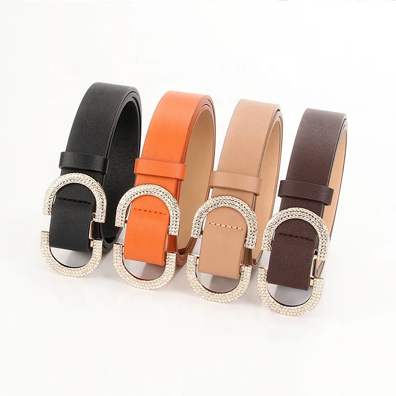 JULUN Belts for Women PU Belt Manufacture Women Gold Belt Sparkling Crystal Inlaid Oval Metal Buckle Soft Faux Leather