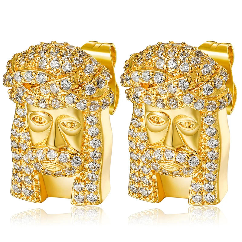 Hot Wholesale Men Jewelry Trendy Real Gold Plated Brass Hip Hop Fashion Prong Cubic Zirconia Jesus Stud Earrings
