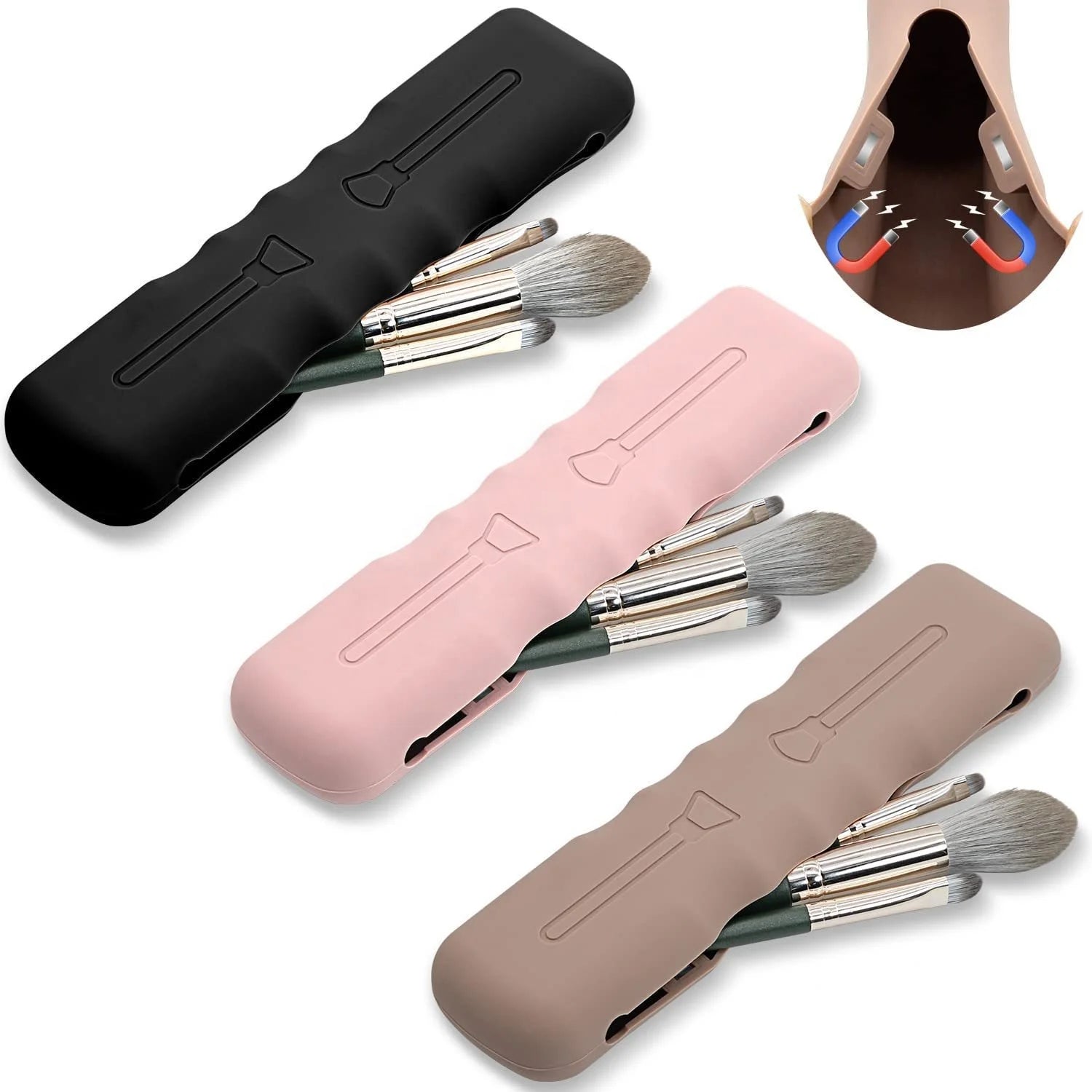 Custom Logo Upgraded Magnetic Closure Silicone Travel Makeup Brush Holder Waterproof Makeup Brushes Organizer for Traveling