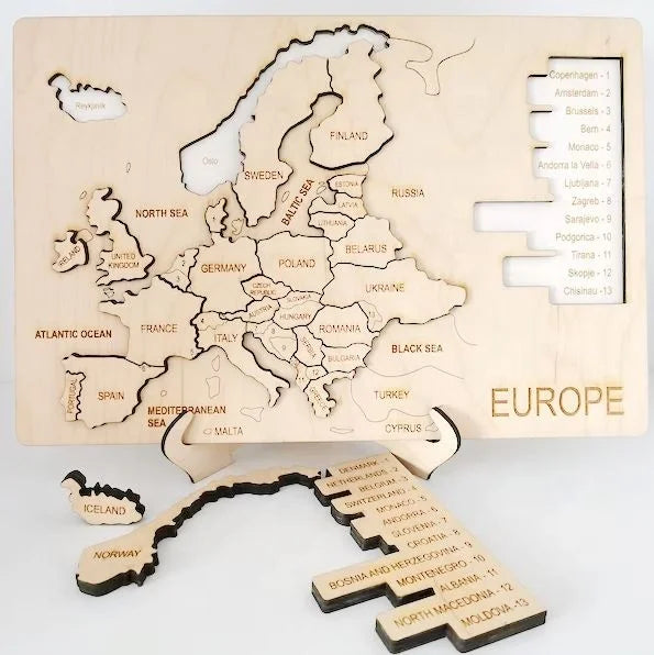 Hand-Carved Wooden Map Puzzle with Capital Cities Art Style Plywood Europe Home Decor Engraving Gift for Toy Lovers