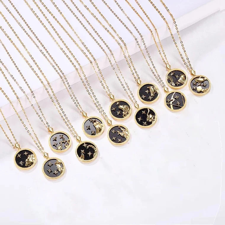 New Fashion Gold Chain Black White 12 Constellation Zodiac Sign Round Coin Pendant Necklaces for Women Men