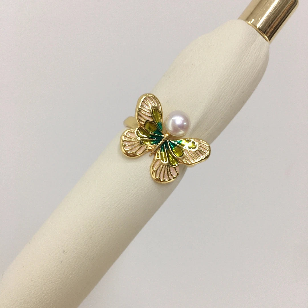18k Gold Plated Enamel Vintage Butterfly Natural Freshwater Pearl Ring Jewelry Women