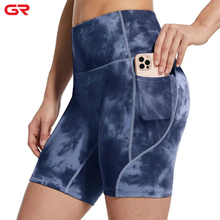 Women's High Waist Elastic Nylon Spandex Biker Shorts Custom Tie Dye Logo Embroidered Washed Techniques Naked Feeling Pockets