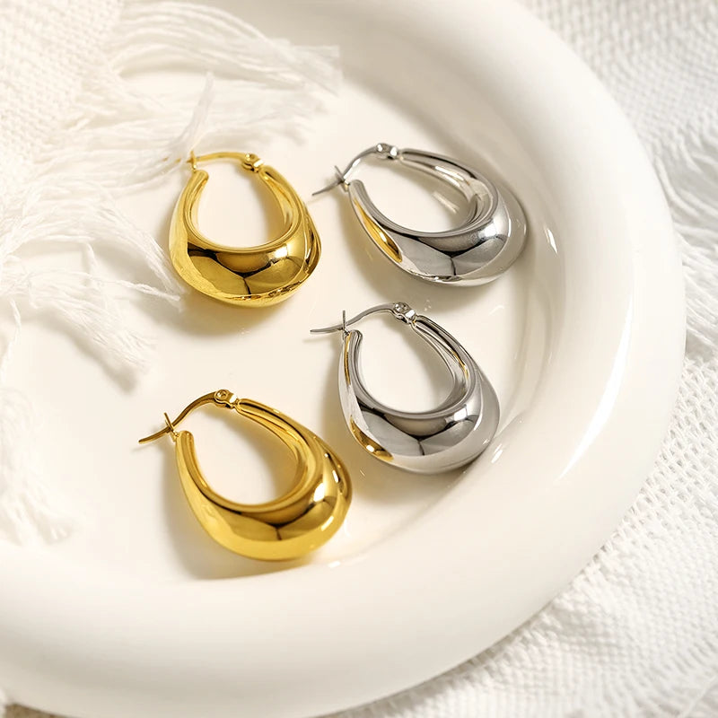 18K Gold Plated Women Vintage Jewelry Earrings Stainless Steel Chunky U-Shaped Hollow Hoop Earrings for Girls Gift