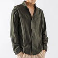 2024 Spring Summer Luxury Linen Men's Long Sleeve Shirt Breathable Twill Casual Stand Collar Loose Fit Vacation Long Sleeve