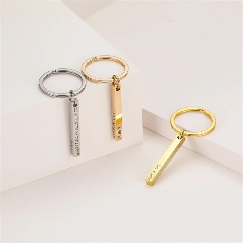 Engraved Vertical 3D Bar Metal Key Chain Custom Stainless Steel 4 Sided Bar Personalized Keychain Gift for Couple Jewelry