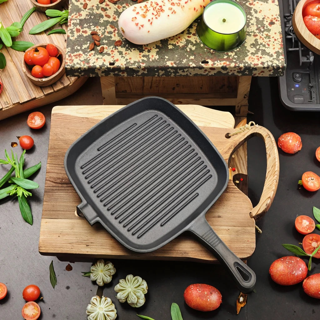 Luxury Cast Iron Horizontal Frying Pan Durable Saute Cookware for Comfort Style Induction Compatible for Kitchen Camping Cooking