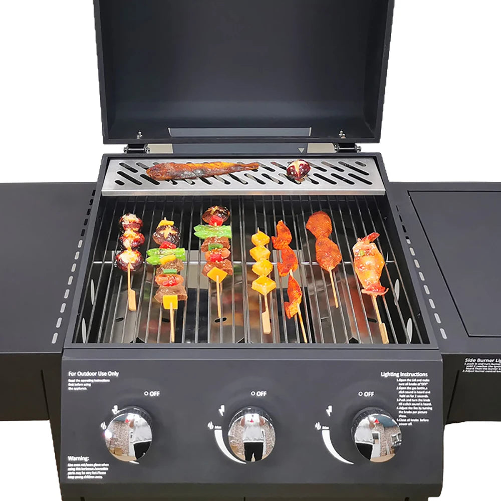 Portable Stainless Steel 3+1 Gas Grill Premium Propane BBQ for Garden Kitchen Trolley Design Sitter Room Monitoring for Food