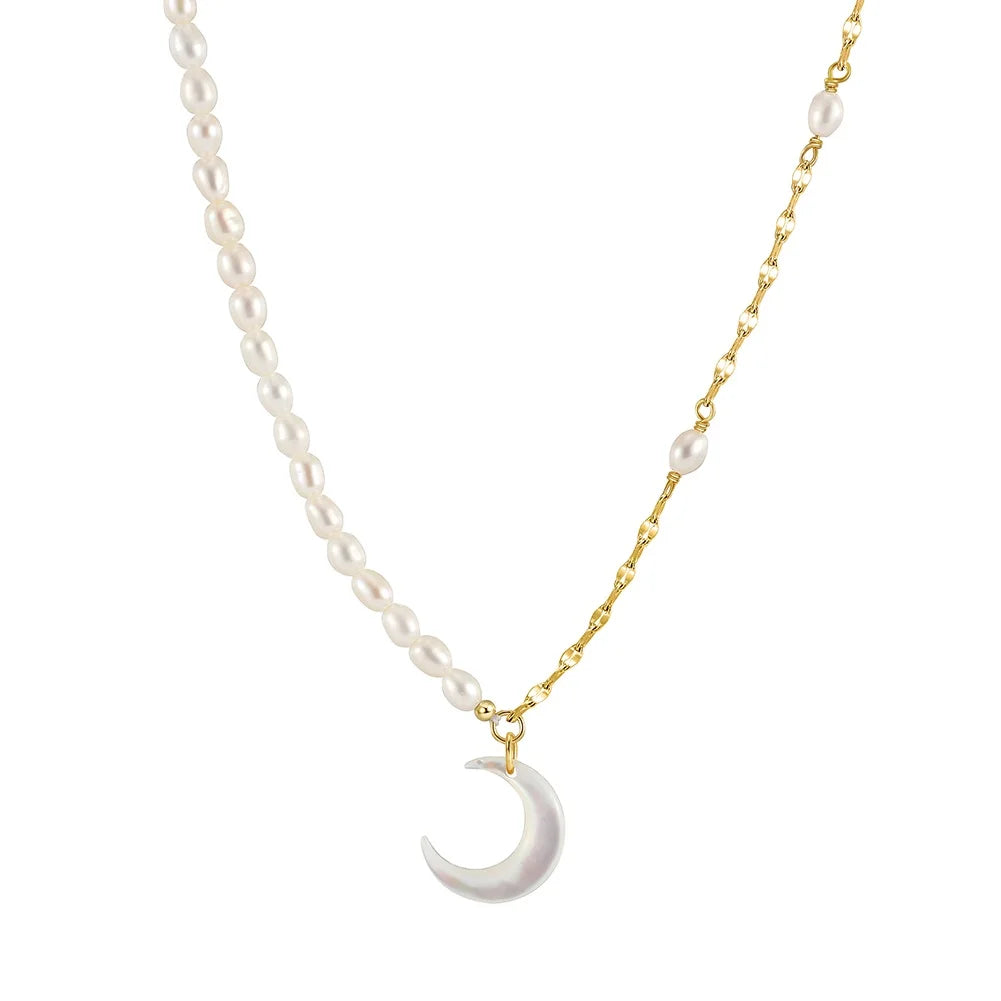 RINNTIN GPN53 Fashion Half Gold Plated Silver Chain Simple Necklace Women Dainty Moon Pendant Freshwater Pearl Necklace Jewelry