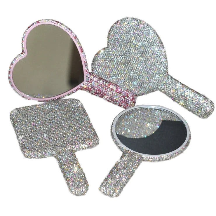Wholesale Custom Bling Design Heart Square Makeup Mirror Diamond-Studded Handheld Plastic with Multicolor Logo Box Packing