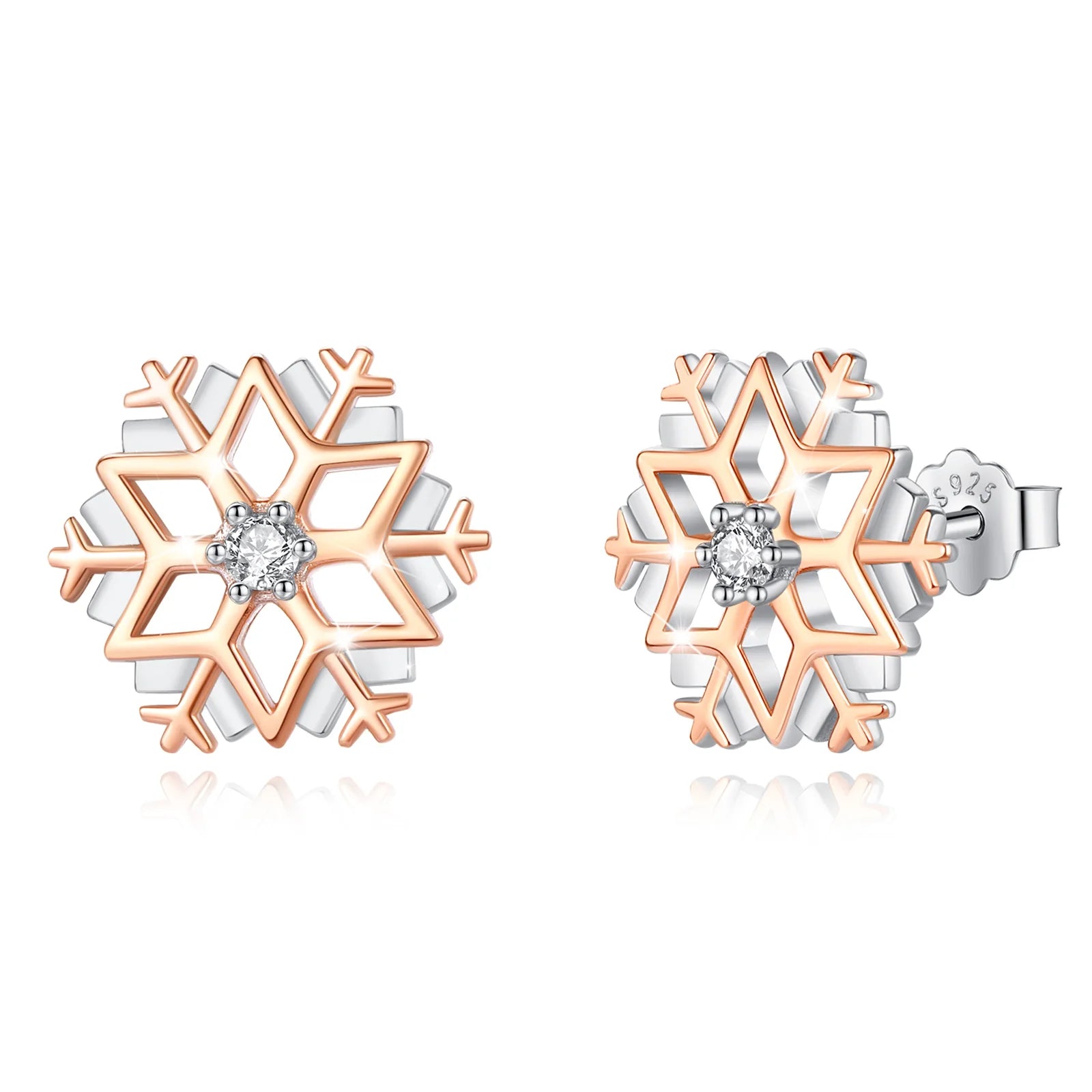 Merryshine Rose Gold Plated 925 Sterling Silver Women Zircon Christmas Jewelry Snowflake Stud Earrings