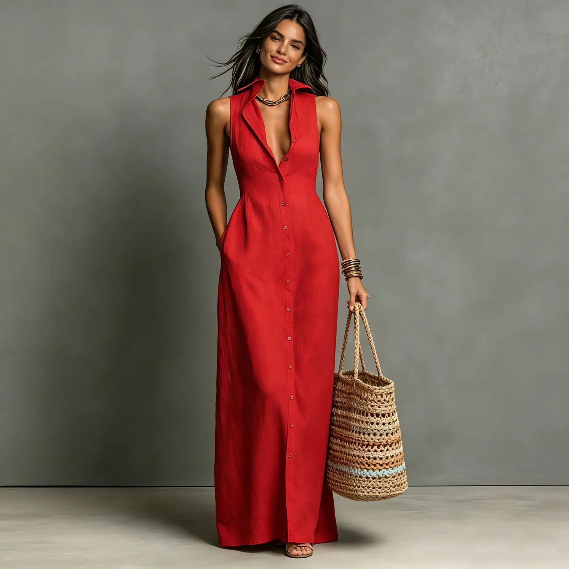 Women Dresses 2026 New Summer Solid Color Button Open Stitch Sleeveless Long Dresses Women's Clothing Vestidoes
