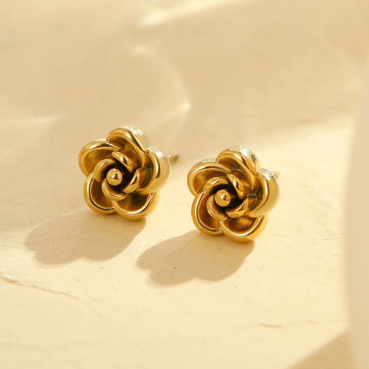 Tarnish Free Hypoallergenic 18k Gold Plated Stainless Steel Vintage Rose Flower Floral Stud Earrings
