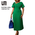 Liu Ming Summer Fashion Streetwear Women Casual Short Sleeve Pleated Ruffle Slim Midi Dress