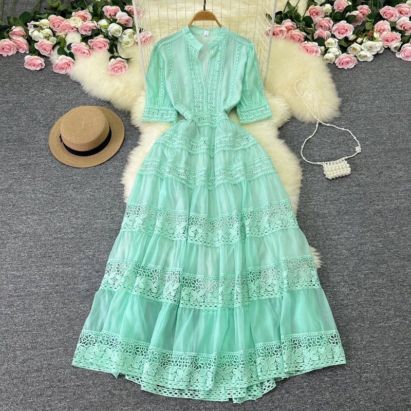 Lapel Short Sleeve High Waist Patchwork Lace up Long Dresses for Women