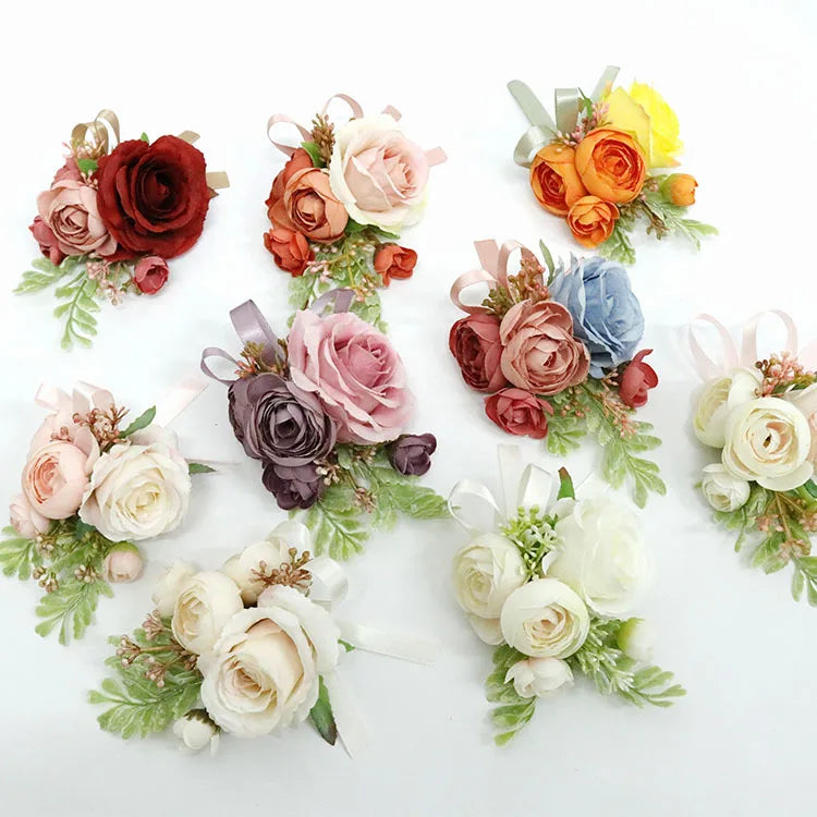 Red Yellow White Color Rose Peony Silk Artificial Wrist Flower Bracelet Corsage Brooch
