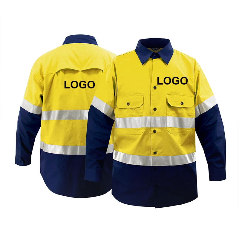 Custom Men's High Visibility Cotton Work Clothes Breathable Worker Shirts Logo for Mining Construction Reflective Road Workwear