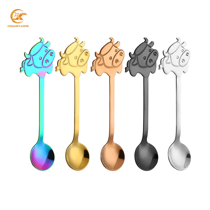 Eco Friendly Lovely Cartoon Cow Tea Spoon Wholesale Stainless Steel Coffee Spoon