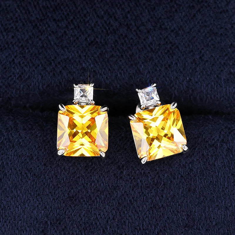 Huitan New Square Cut Pink/Yellow Crystal Cubic Zirconia Earrings Women Wedding Silver Plated Ladies Cute Stud Earrings Jewelry