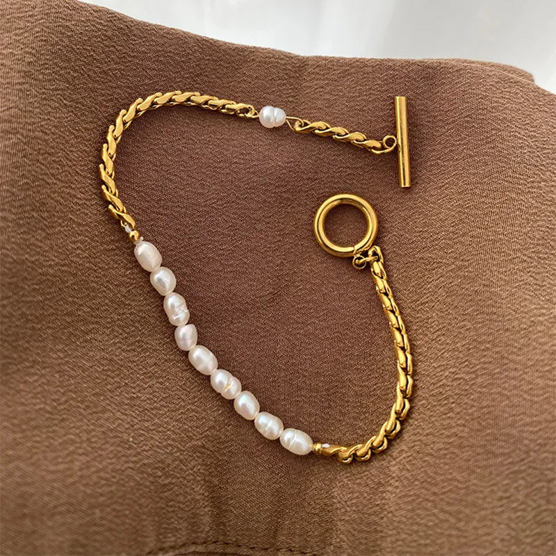 Summer Beach Fashion Stainless Steel 18K Gold Plating Bracelet for Women OT Buckle Twist Chain Pearl Bracelet