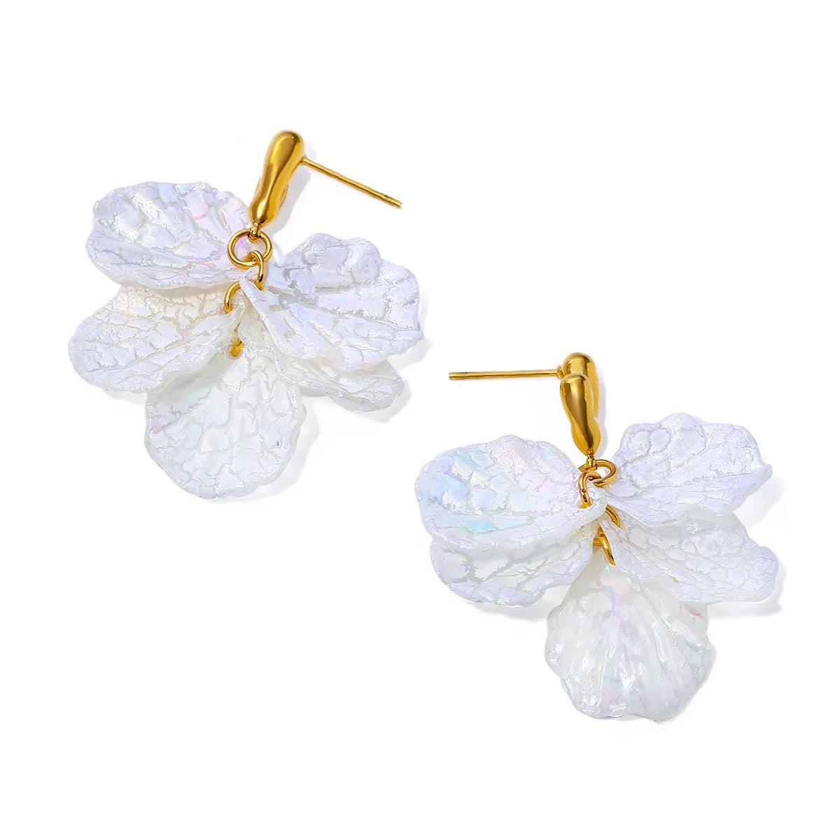 Fashion 18k Gold PVD Plated Stainless Steel Iridescent Petal Shell Earring Elegant White Petals Tassel Earring for Women
