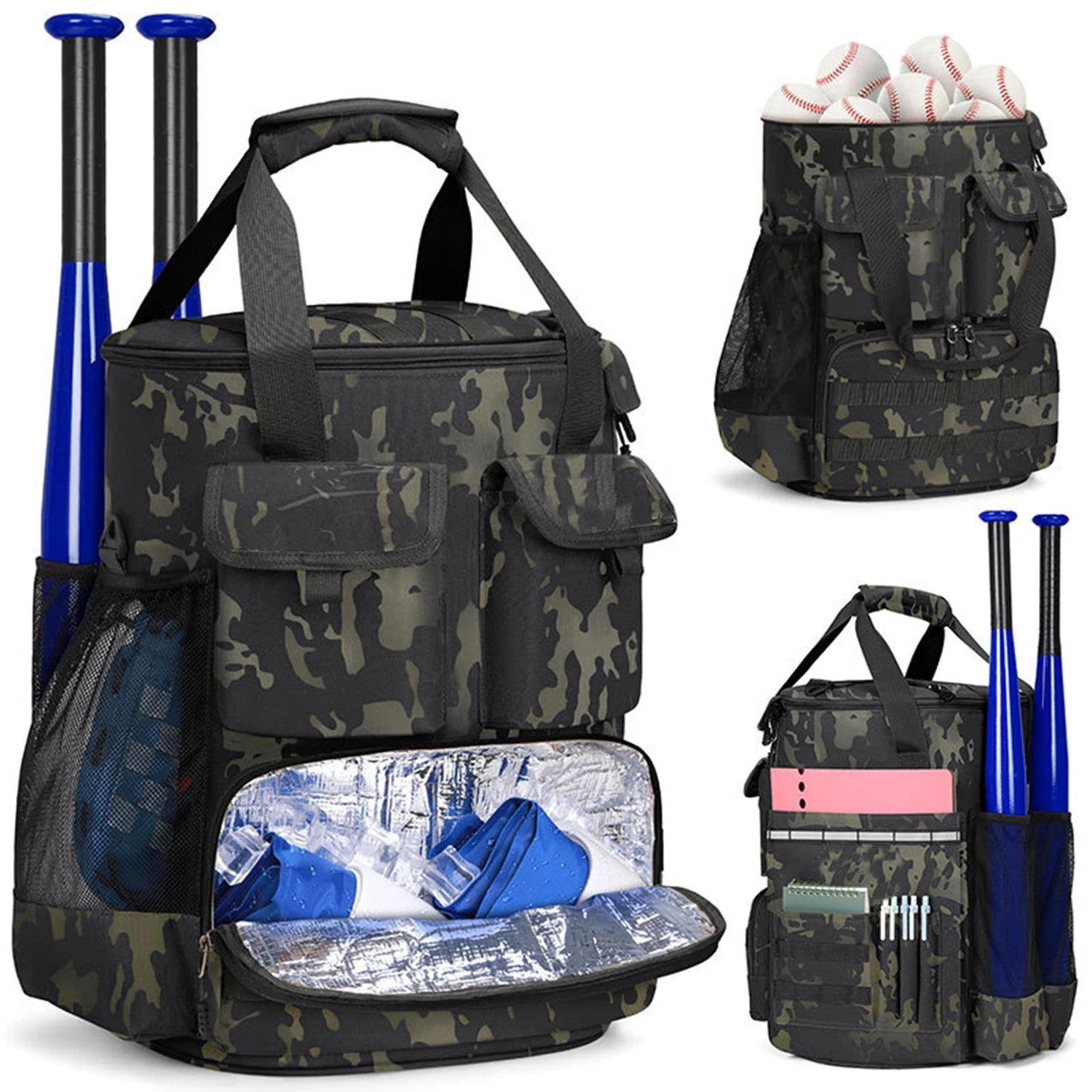 Tactical Baseball Bucket Bag Coaches Organizer with Insulation Pocket Anti-Slip Bottom & Multiple Pockets for Bat Gloves