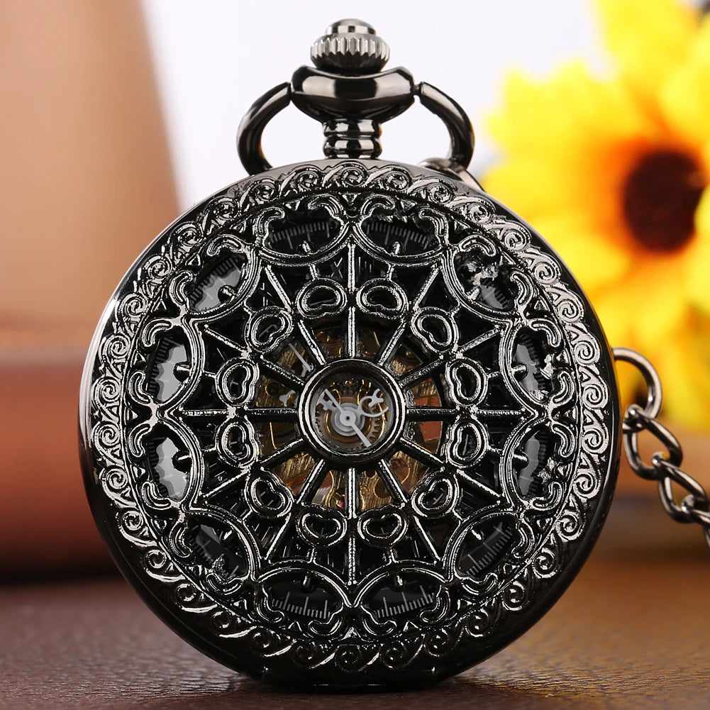 Retro Hollow Out Spiderweb Hand Wind Mechanical Steampunk Skeleton Pocket Watch Vintage Locket Watch with Fob Chain for Men