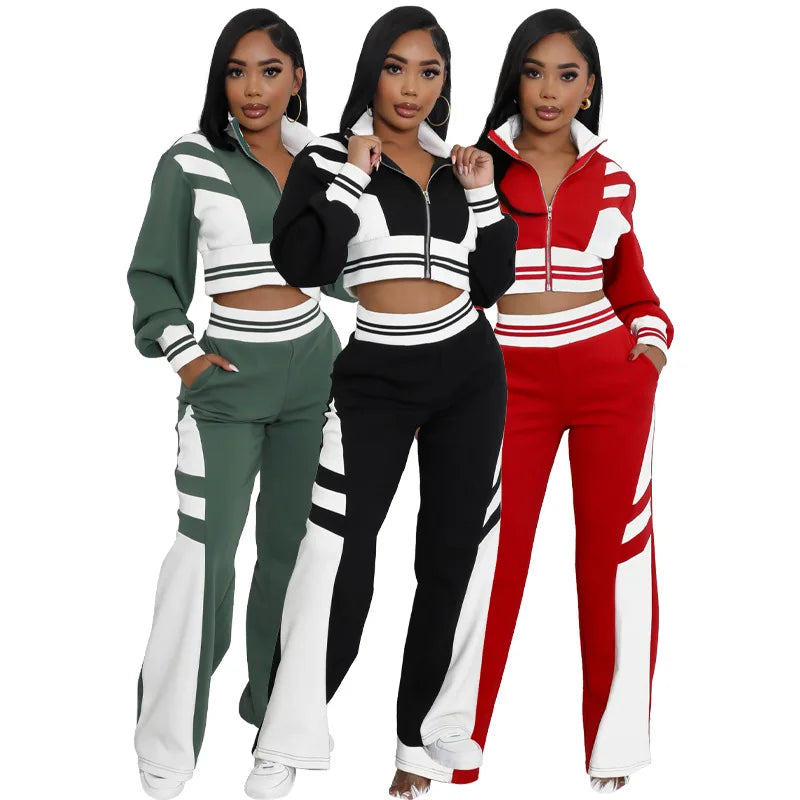 New Spring Women Flared Pants Outfits Cropped Jackets Block Color Two Piece Sets Custom logo Fall Ladies Tracksuits