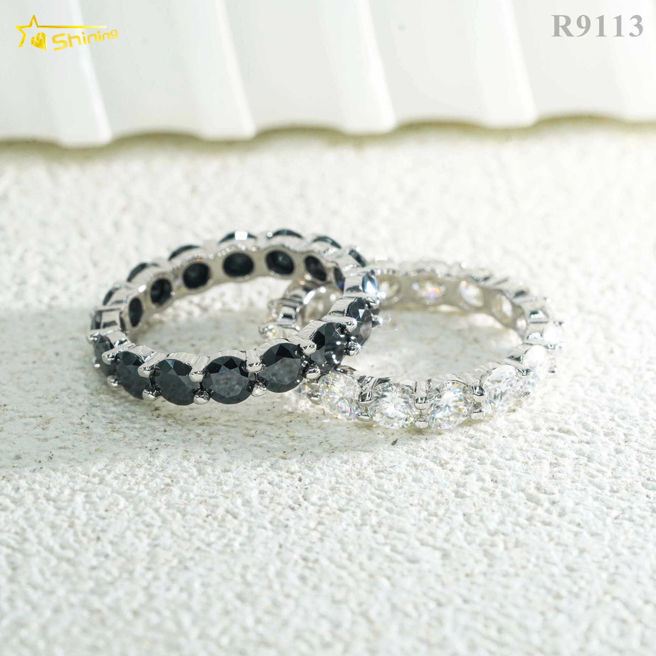 Hot Selling 4MM Full Eternity Silver Black Gold Plated Band Rings Hip Hop Black Moissanite Ring