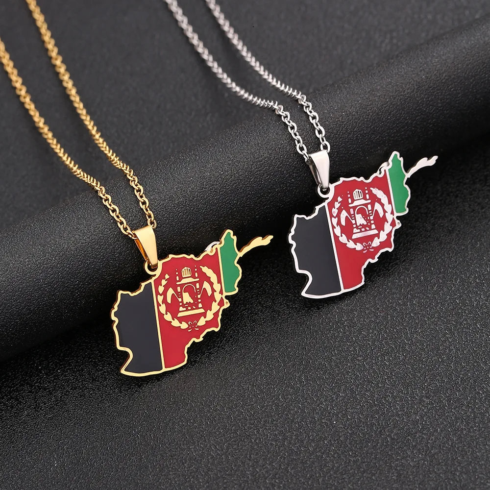 Manufacturer Enameled Stainless Steel Silver 18K Gold Plated Charm Necklaces Enamel Afghanistan Flag Map Pendant Necklace