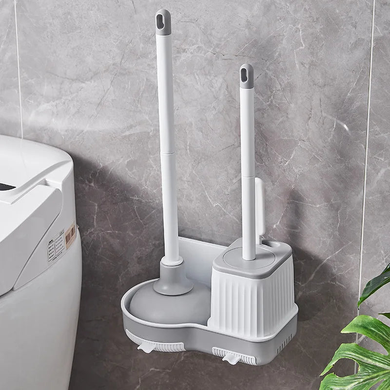 Toilet Wall Mounted Vertical Plunger and Toilet Brush Set with Long Handle Brush Plunger Toilet Brush and Plunger with Gap Brush