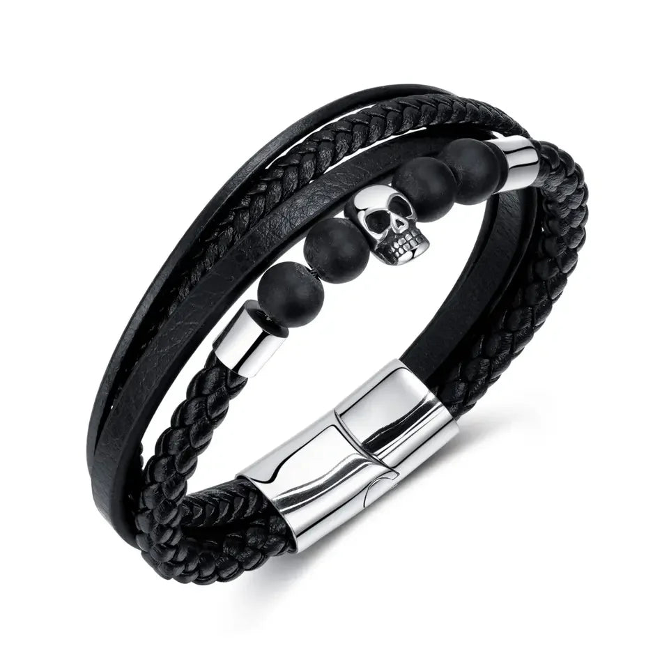 OYA Customize Vintage Design Stainless Steel Skull Beads Multi Layer Woven Cuff Bracelet Bangle Jewelry Factory Wholesale PH1512