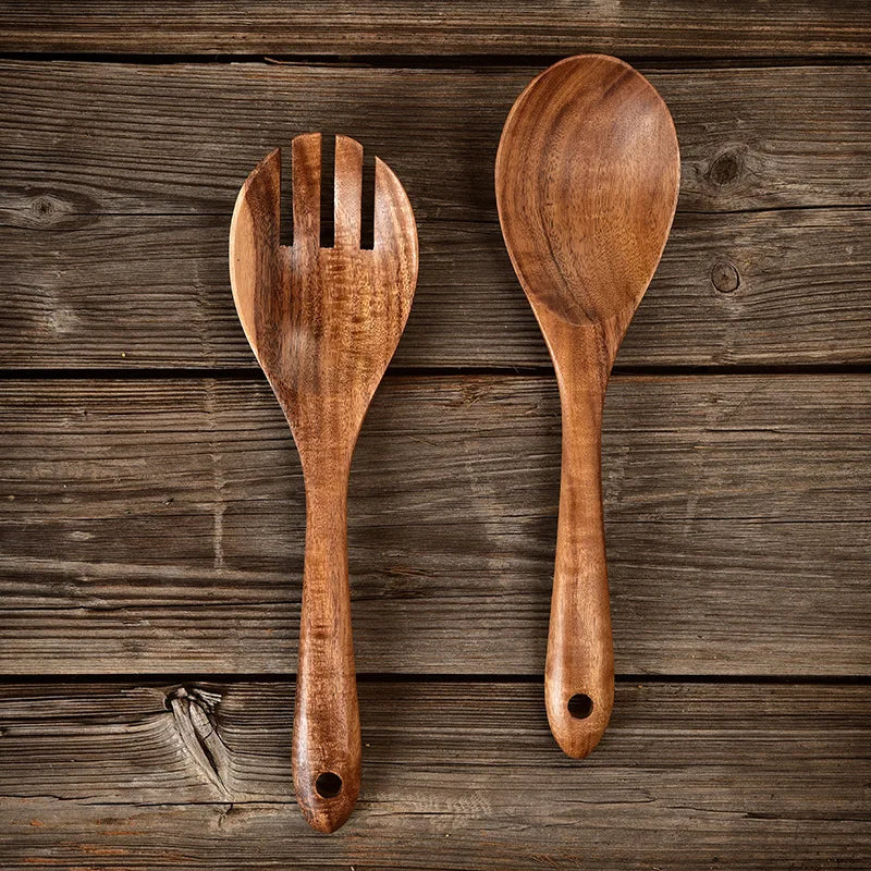 10.2 Inches Salad Fork Spoon Long Handle Acacia Wood Serving Spoon